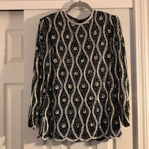 Jewel Queen gorgeous 100% silk top adorned with silver sequins/white beading!